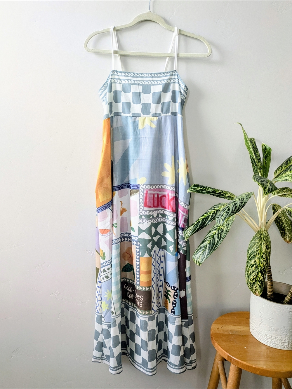 Colorful Patchwork Maxi Slip Dress with Floral & Graphic Print